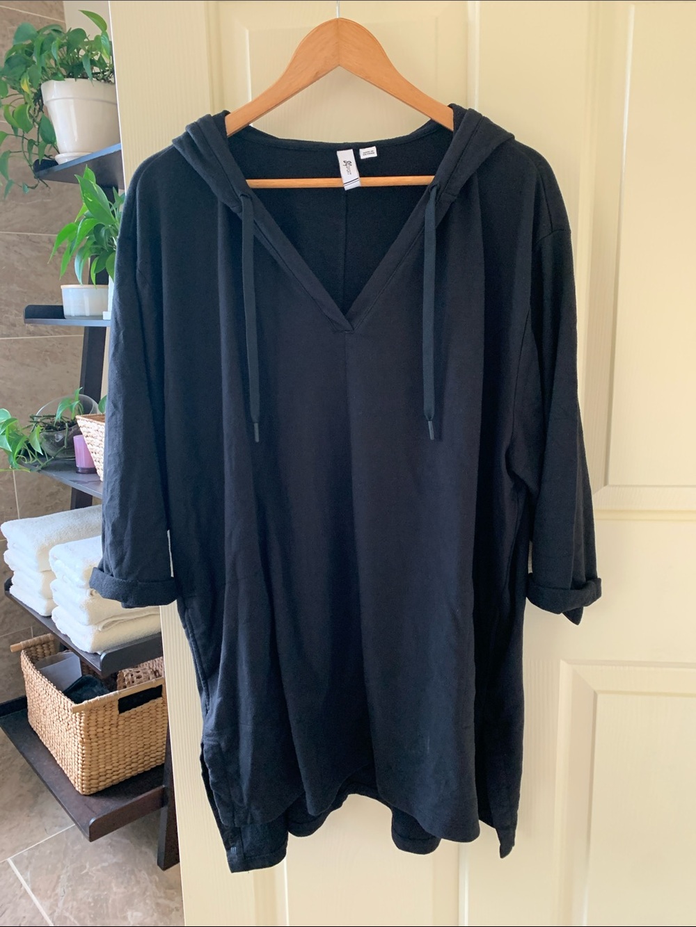 Susan Graver Black V-Neck Hooded Tunic with Pockets